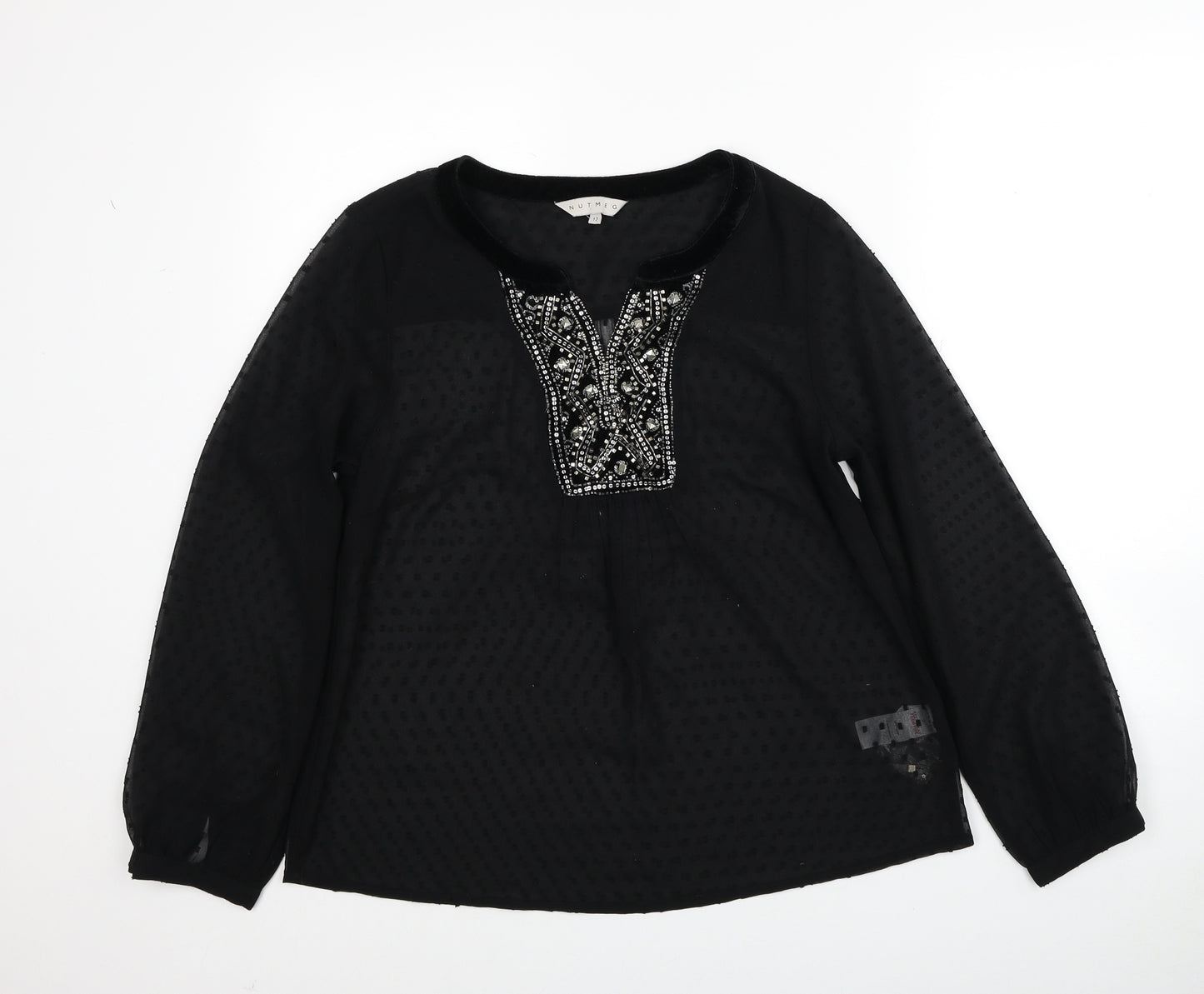 Nutmeg Womens Black Polyester Basic Blouse Size 12 Boat Neck - Embellished Neckline