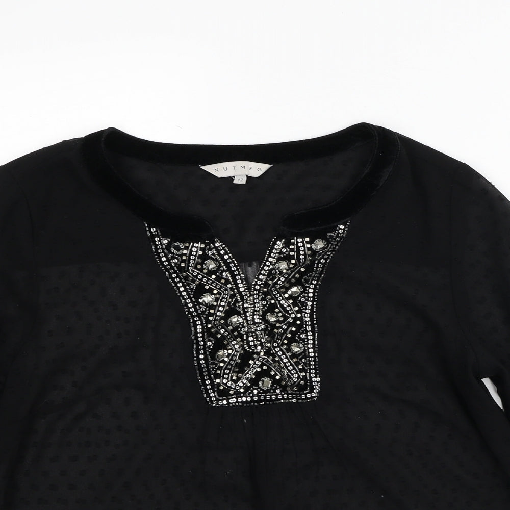Nutmeg Womens Black Polyester Basic Blouse Size 12 Boat Neck - Embellished Neckline
