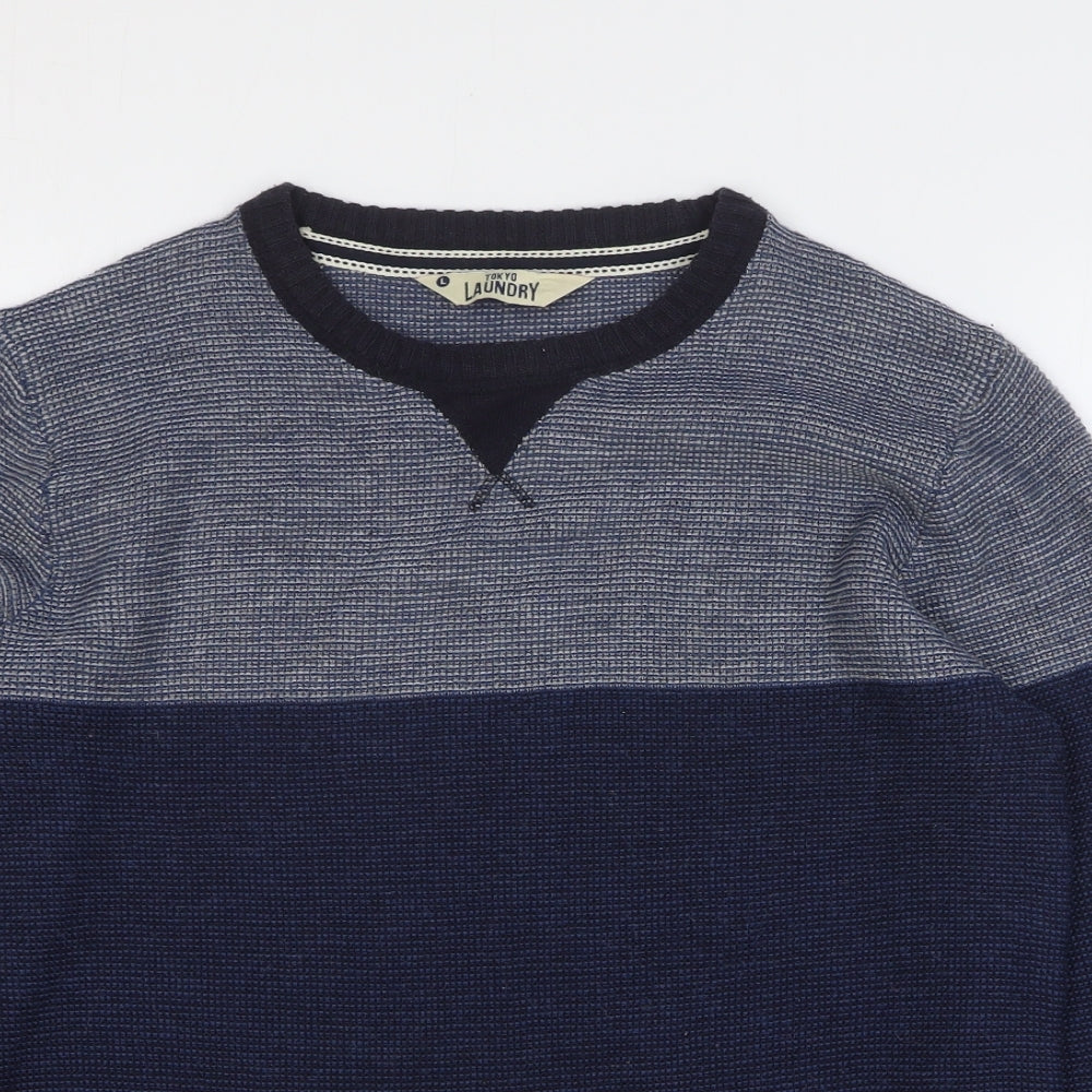 Tokyo Laundry Mens Blue Round Neck Geometric Acrylic Pullover Jumper Size L