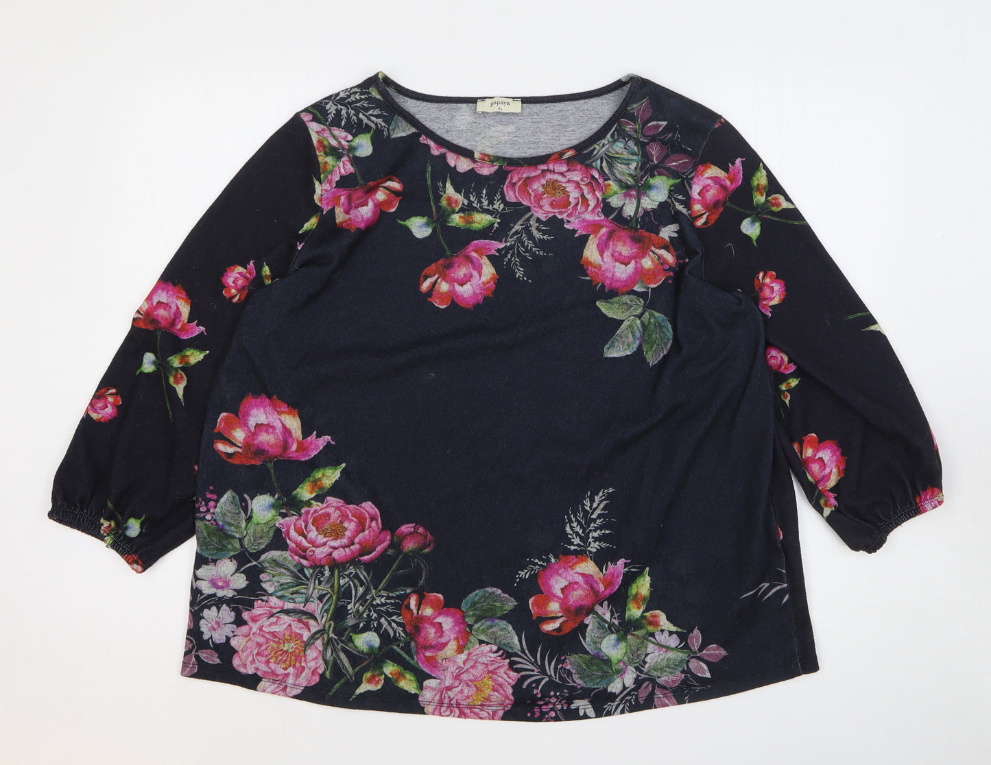 Papaya Womens Black Floral Polyester Basic T-Shirt Size XL Boat Neck