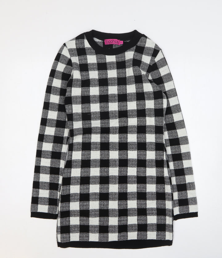 Boohoo Womens Black Check Acrylic Jumper Dress Size S Roll Neck Pullover