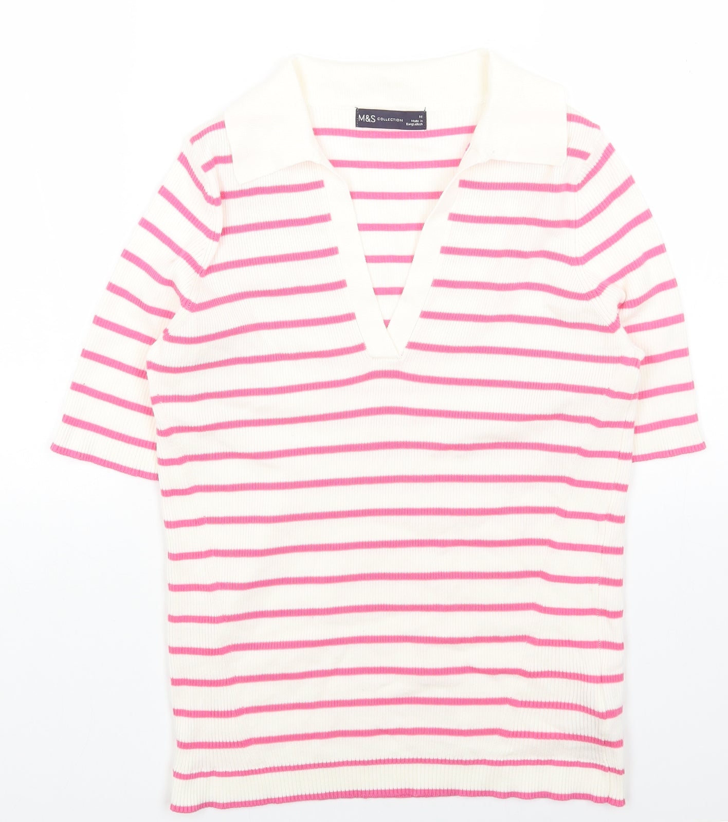 Marks and Spencer Womens Pink Striped Cotton Basic T-Shirt Size M V-Neck - Ribbed