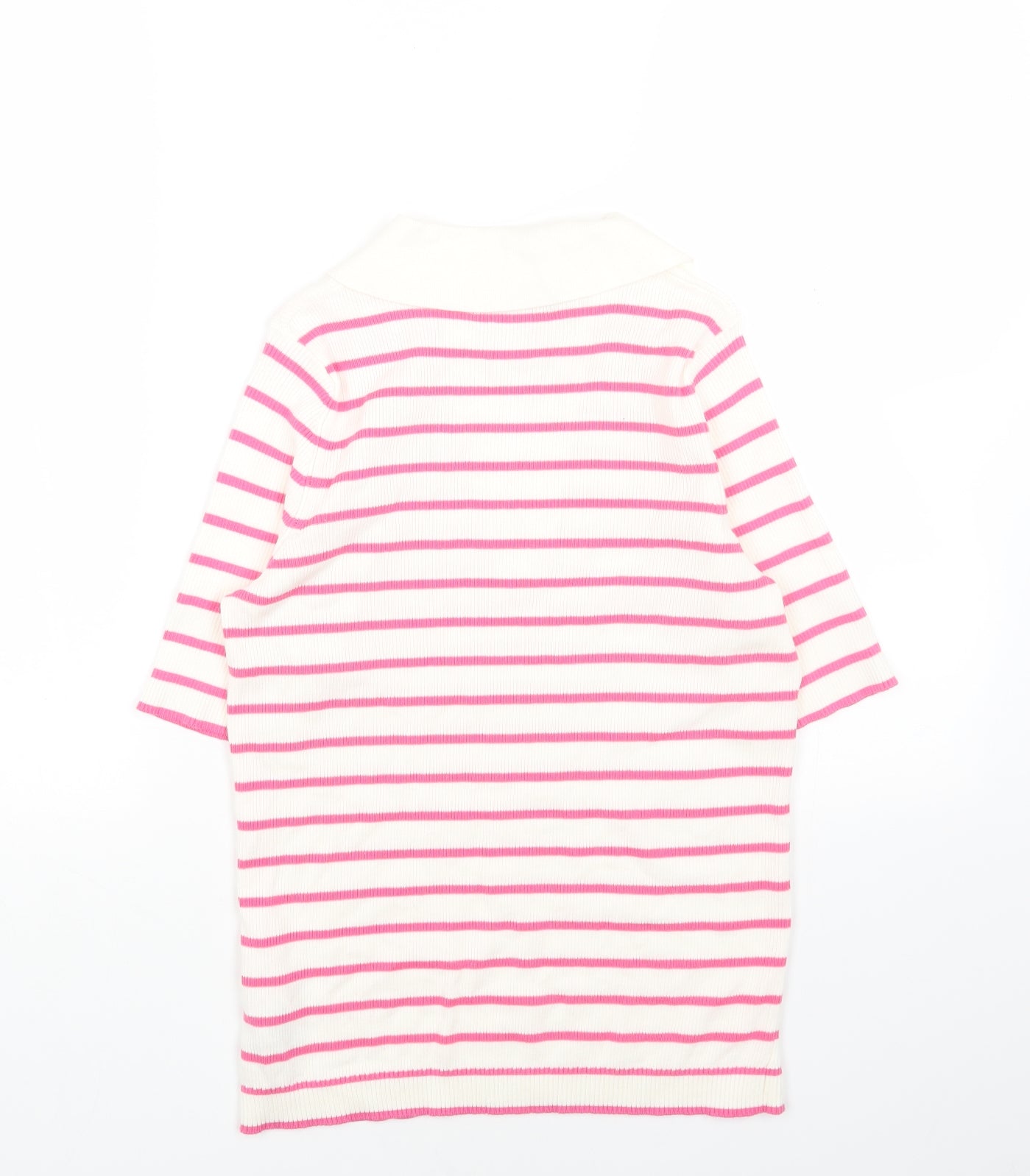 Marks and Spencer Womens Pink Striped Cotton Basic T-Shirt Size M V-Neck - Ribbed