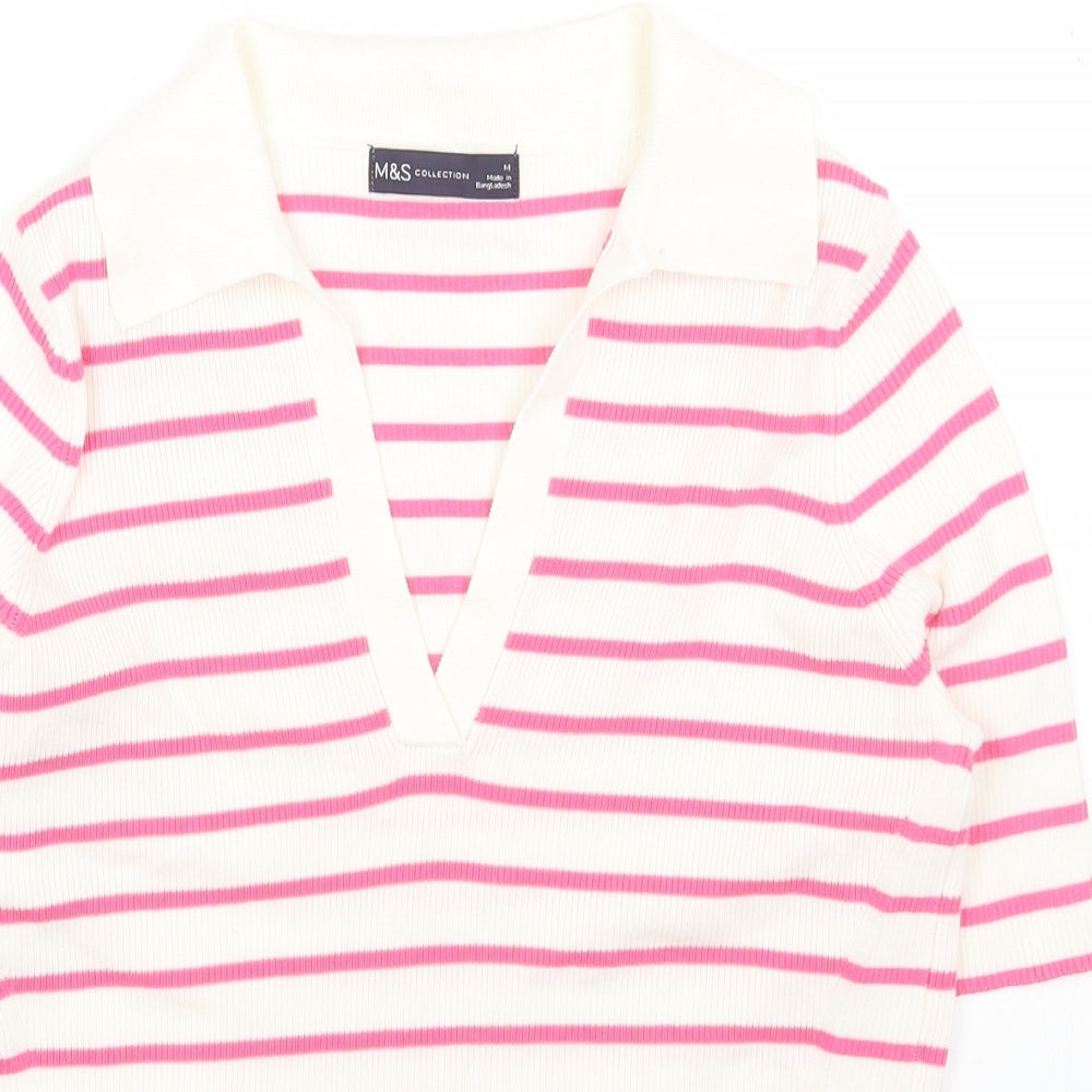Marks and Spencer Womens Pink Striped Cotton Basic T-Shirt Size M V-Neck - Ribbed