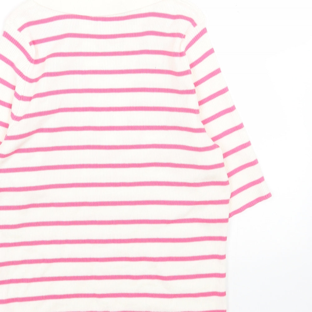 Marks and Spencer Womens Pink Striped Cotton Basic T-Shirt Size M V-Neck - Ribbed