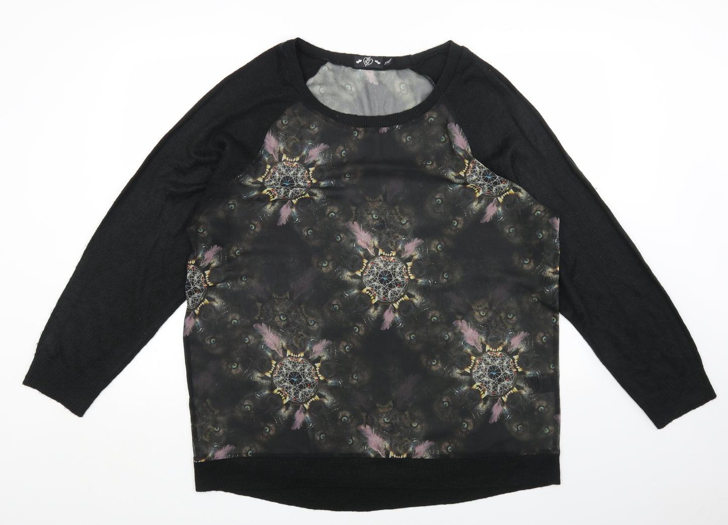 Preworn Womens Black Geometric Polyester Basic Blouse Size 2XL Round Neck - Wolf Print