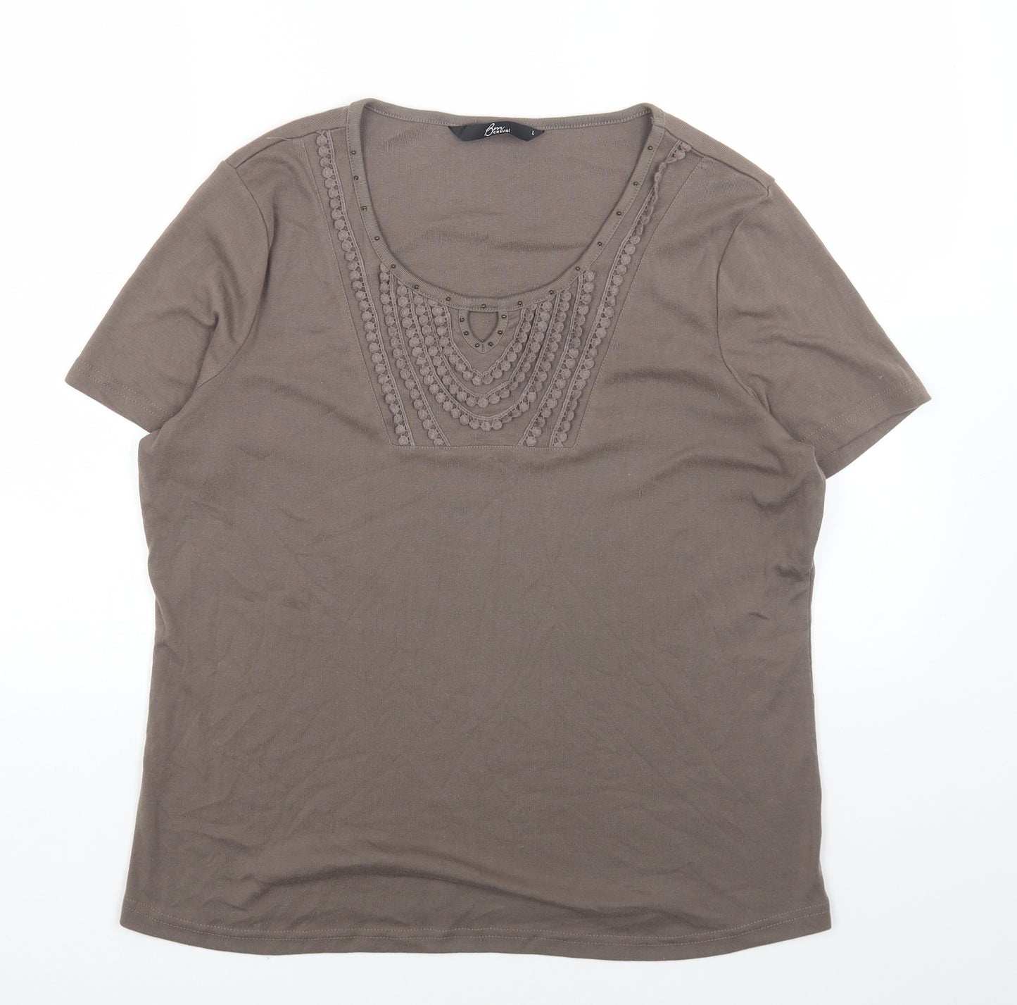 BM Womens Grey Cotton Basic T-Shirt Size L Scoop Neck