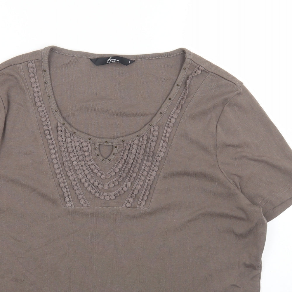 BM Womens Grey Cotton Basic T-Shirt Size L Scoop Neck