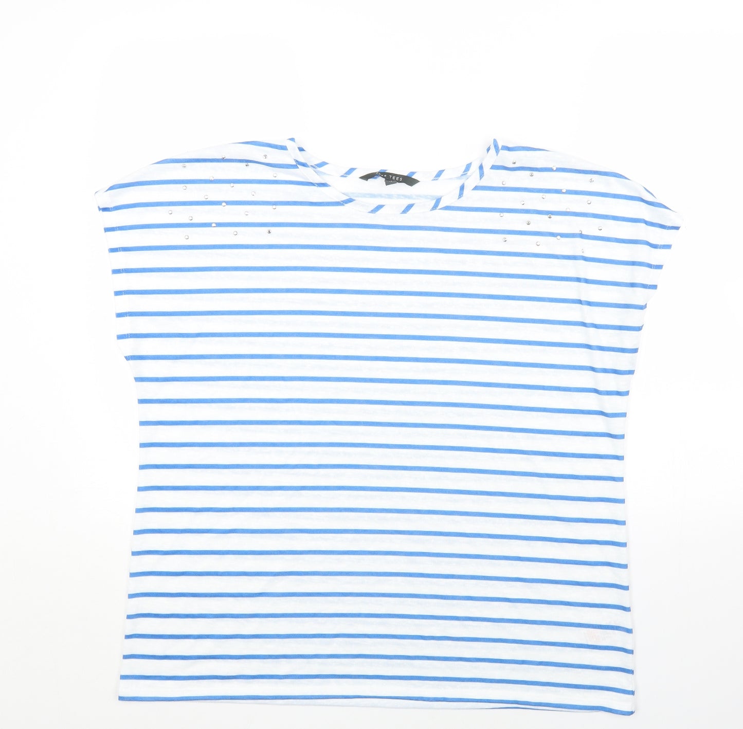 LOVE TEES Womens Blue Striped Polyester Basic T-Shirt Size 18 Round Neck