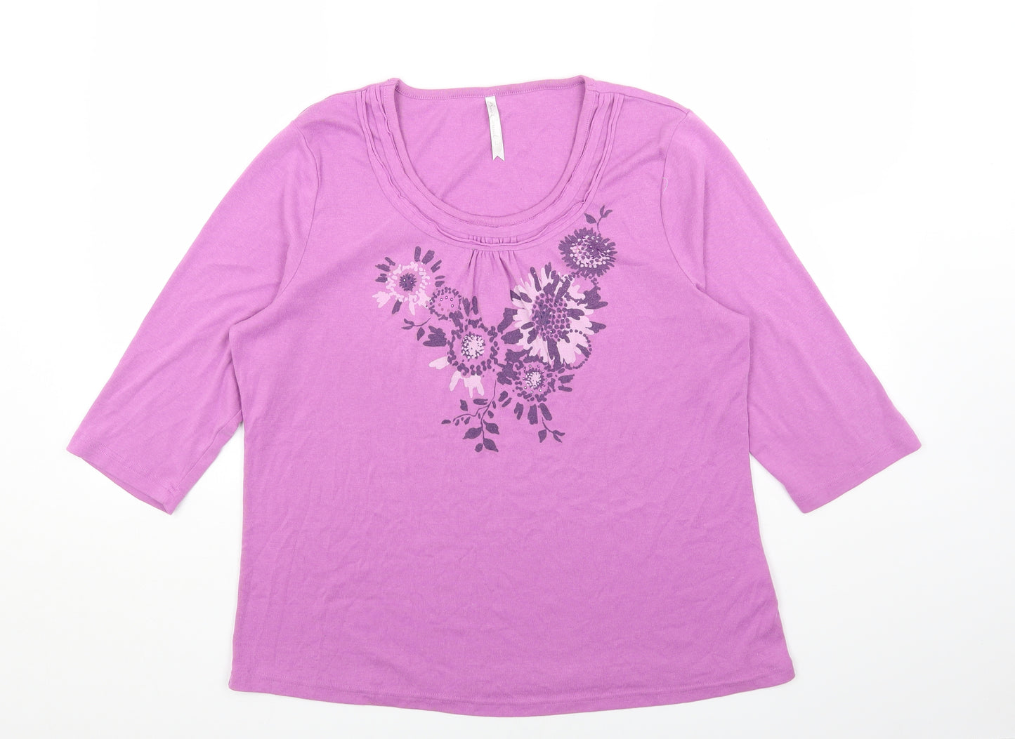 BM Womens Purple Polyester Basic T-Shirt Size L Scoop Neck - Flowers