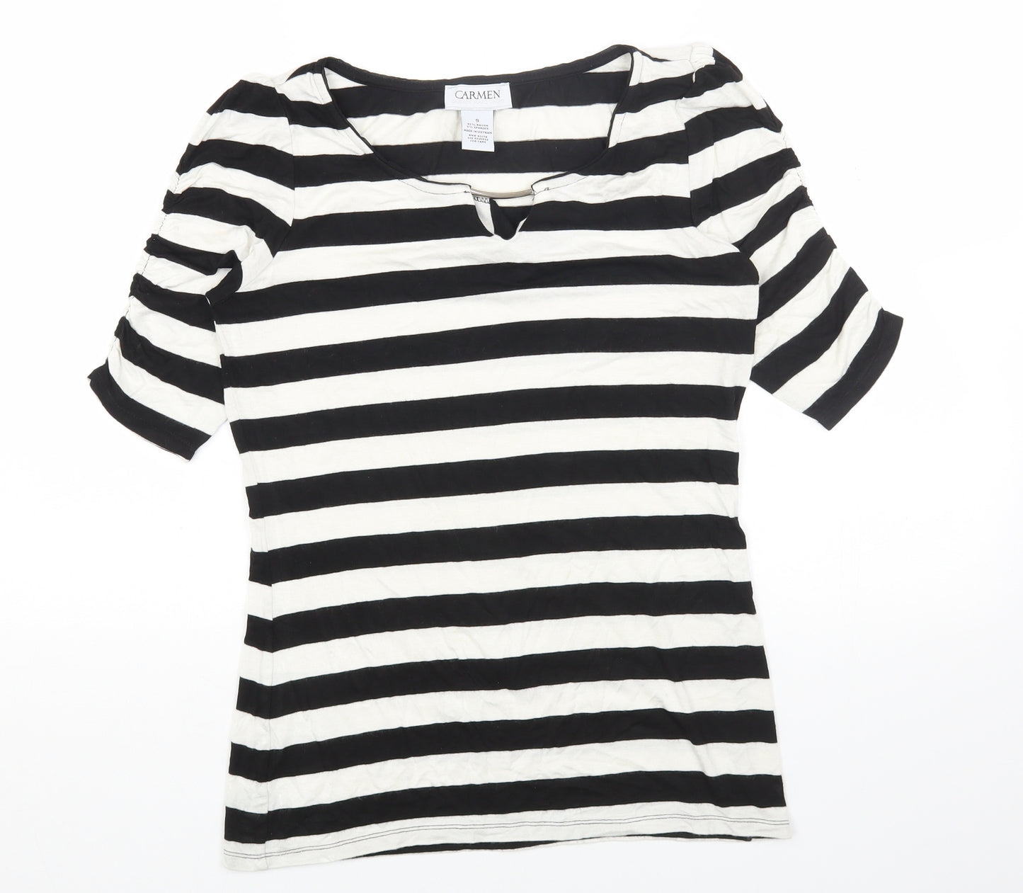 Carmen Womens Black Striped Viscose Basic T-Shirt Size S Scoop Neck