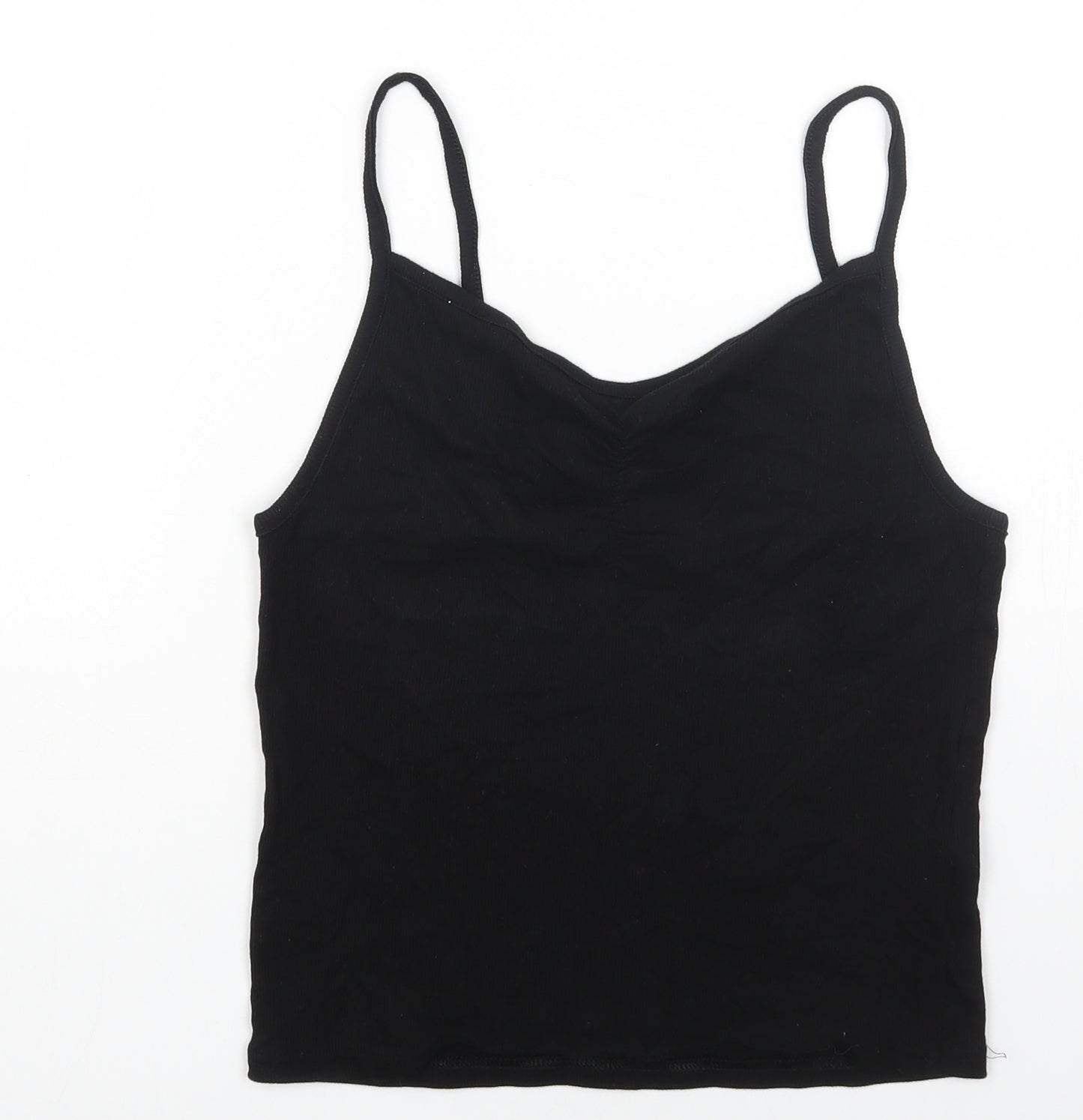 H&M Womens Black Cotton Camisole Tank Size L V-Neck - Ribbed Ruched Front