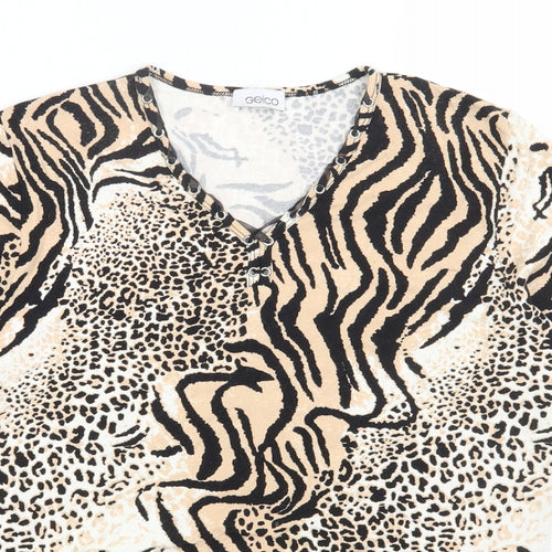 Gelco Womens Brown Animal Print Viscose Basic T-Shirt Size 16 V-Neck - Tiger Print