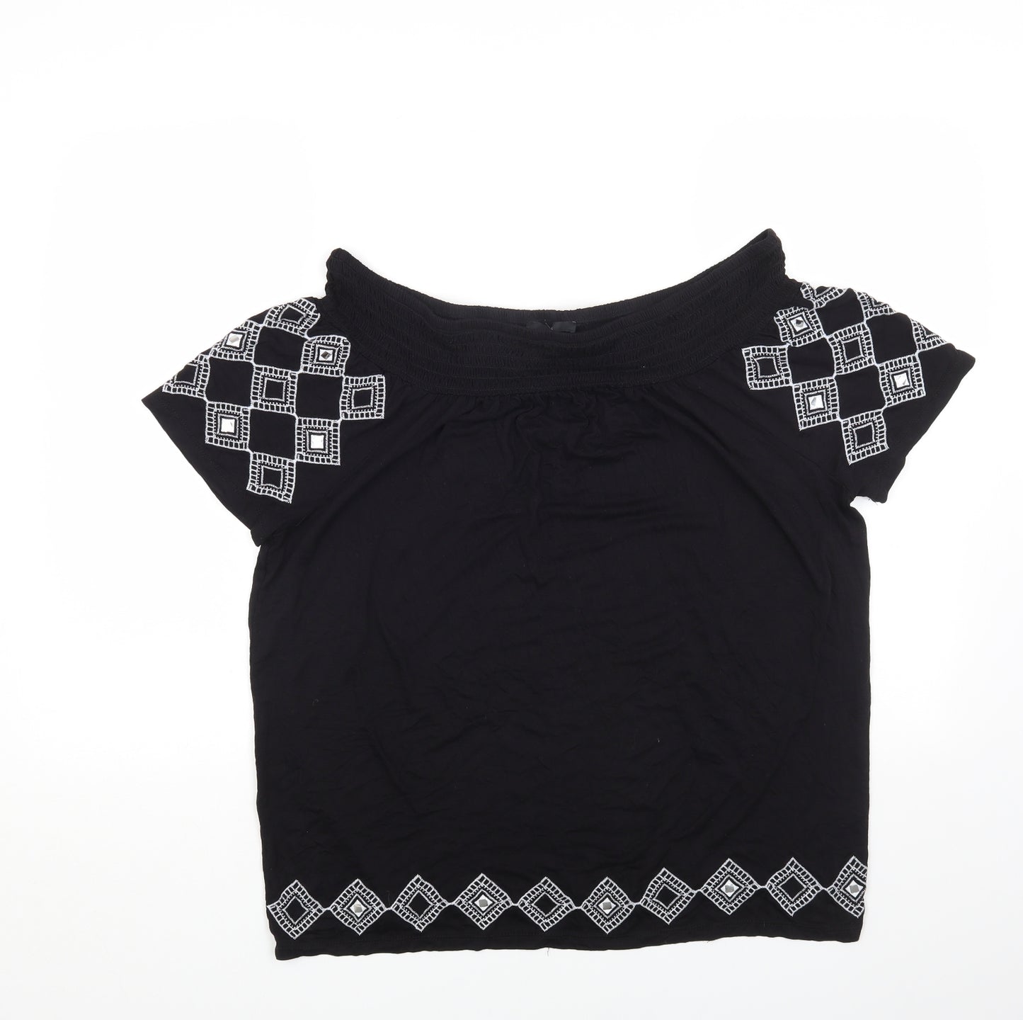 George Womens Black Geometric Polyester Basic T-Shirt Size 14 Off the Shoulder