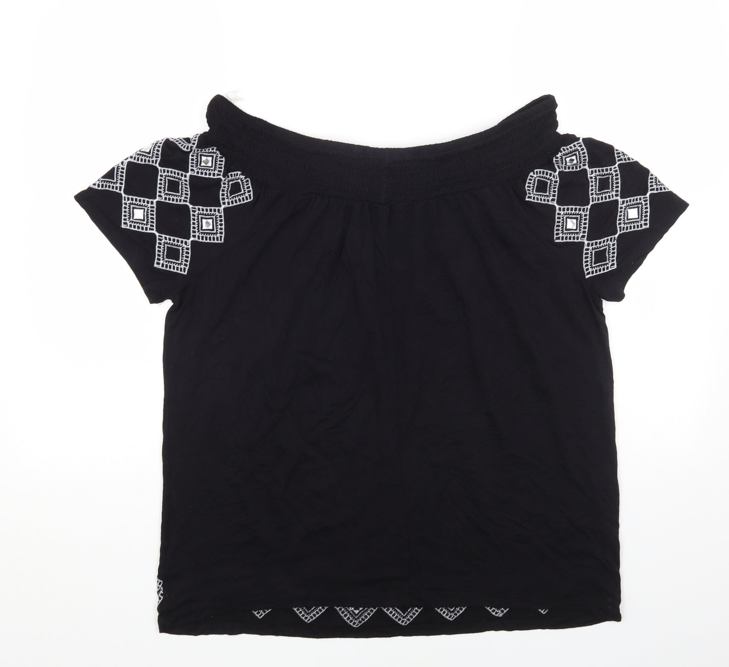 George Womens Black Geometric Polyester Basic T-Shirt Size 14 Off the Shoulder