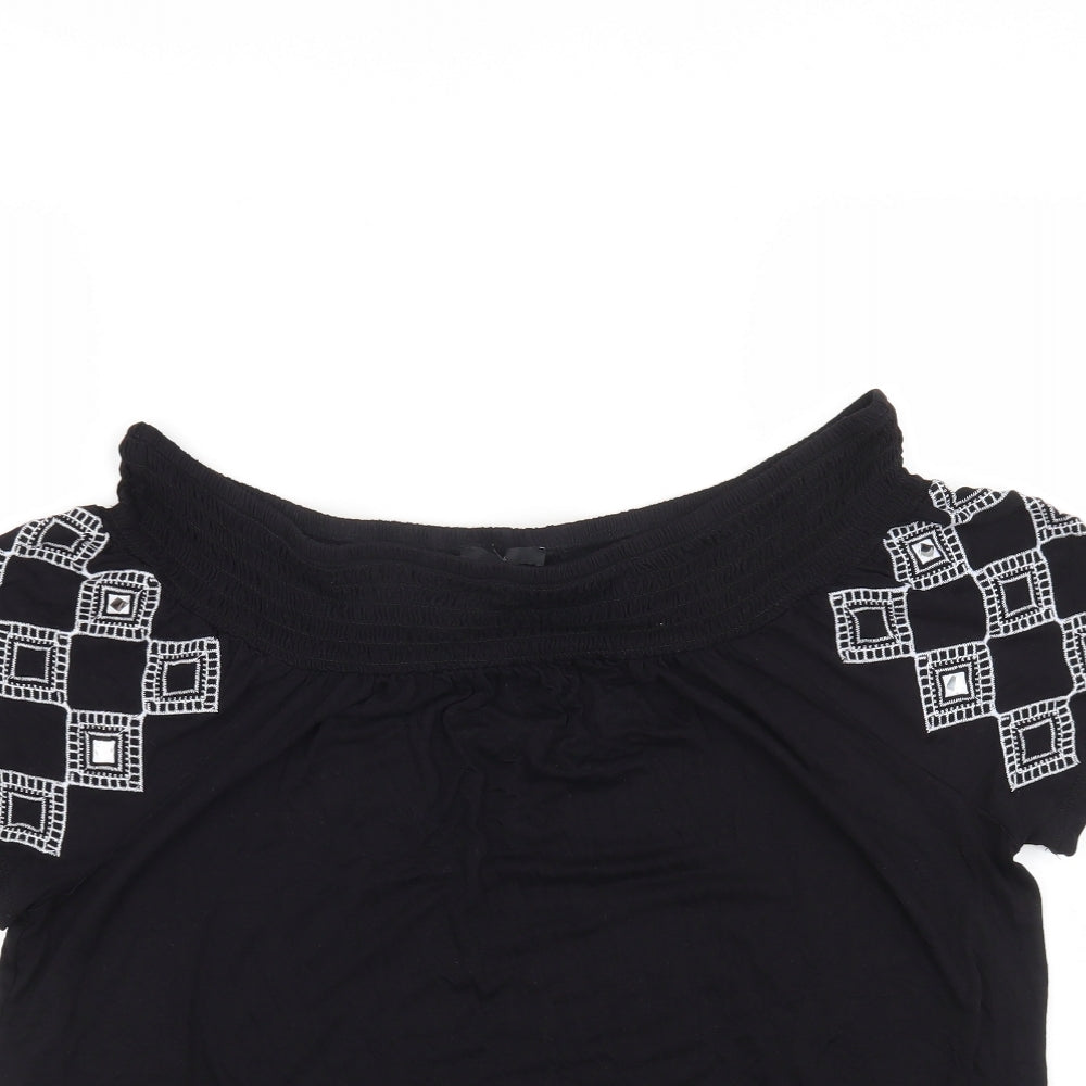 George Womens Black Geometric Polyester Basic T-Shirt Size 14 Off the Shoulder