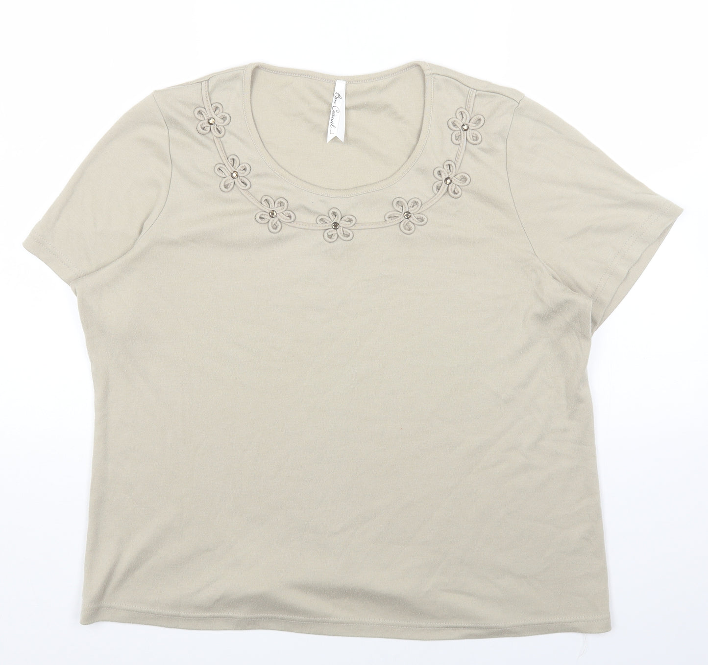 BM Womens Beige Polyester Basic T-Shirt Size L Round Neck