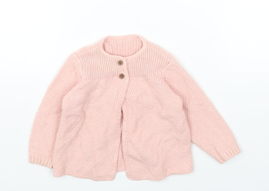 Front view of Marks & Spencer Pink Cotton Cardigan Jumper, size 3-6, Months Button