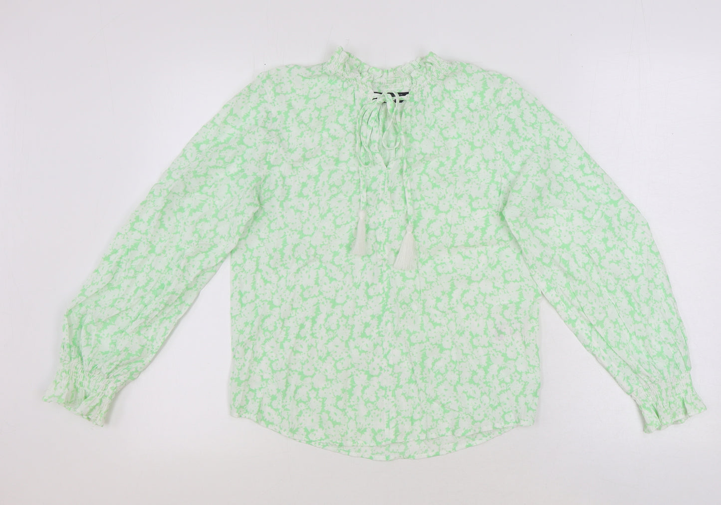 Marks and Spencer Womens Green Floral Viscose Basic Blouse Size 6 V-Neck