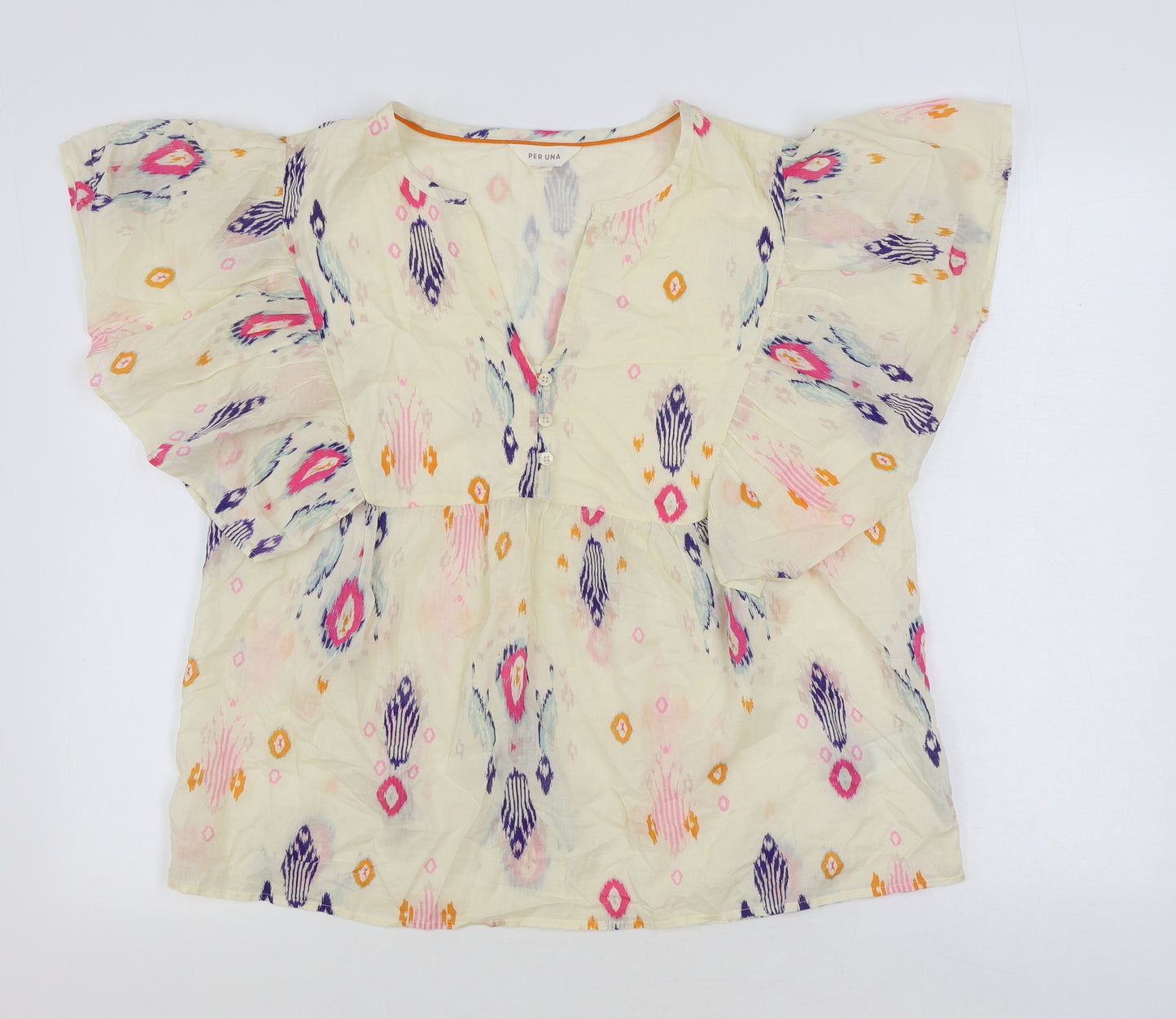 Marks and Spencer Womens Ivory Geometric 100% Cotton Basic Blouse Size 14 V-Neck