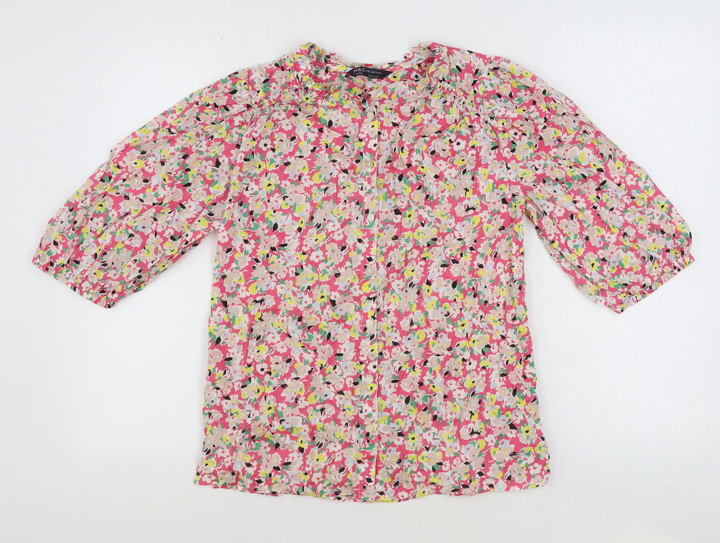 Marks and Spencer Womens Multicoloured Floral 100% Cotton Basic Button-Up Size 8 Round Neck
