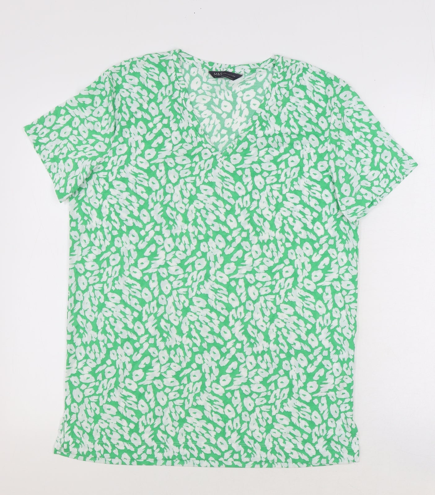 Marks and Spencer Womens Green Animal Print Polyester Basic T-Shirt Size 10 V-Neck - Leopard Print