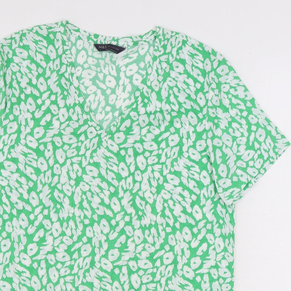 Marks and Spencer Womens Green Animal Print Polyester Basic T-Shirt Size 10 V-Neck - Leopard Print