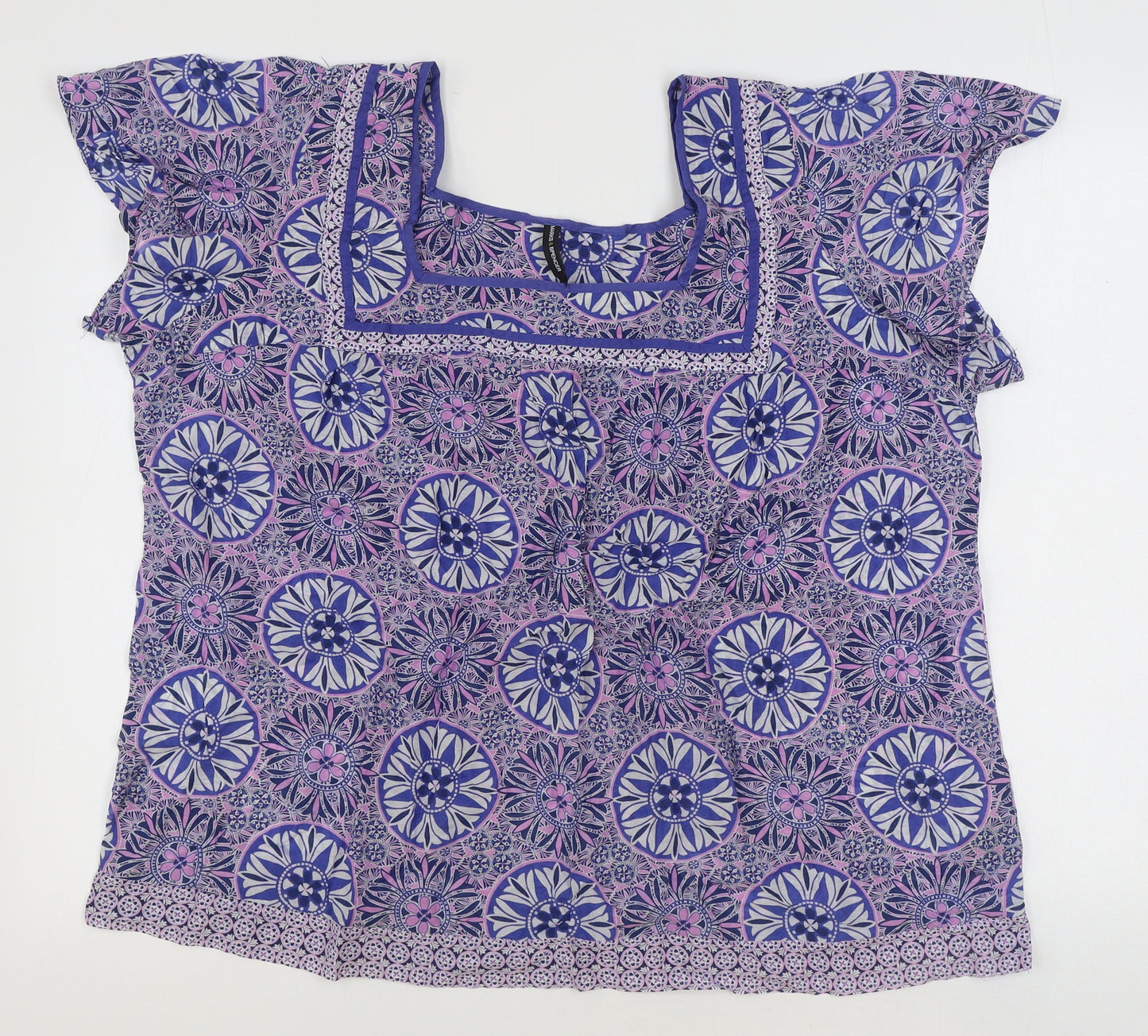 Marks and Spencer Womens Multicoloured Geometric Cotton Basic Blouse Size 24 Square Neck