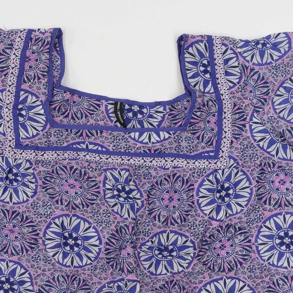 Marks and Spencer Womens Multicoloured Geometric Cotton Basic Blouse Size 24 Square Neck