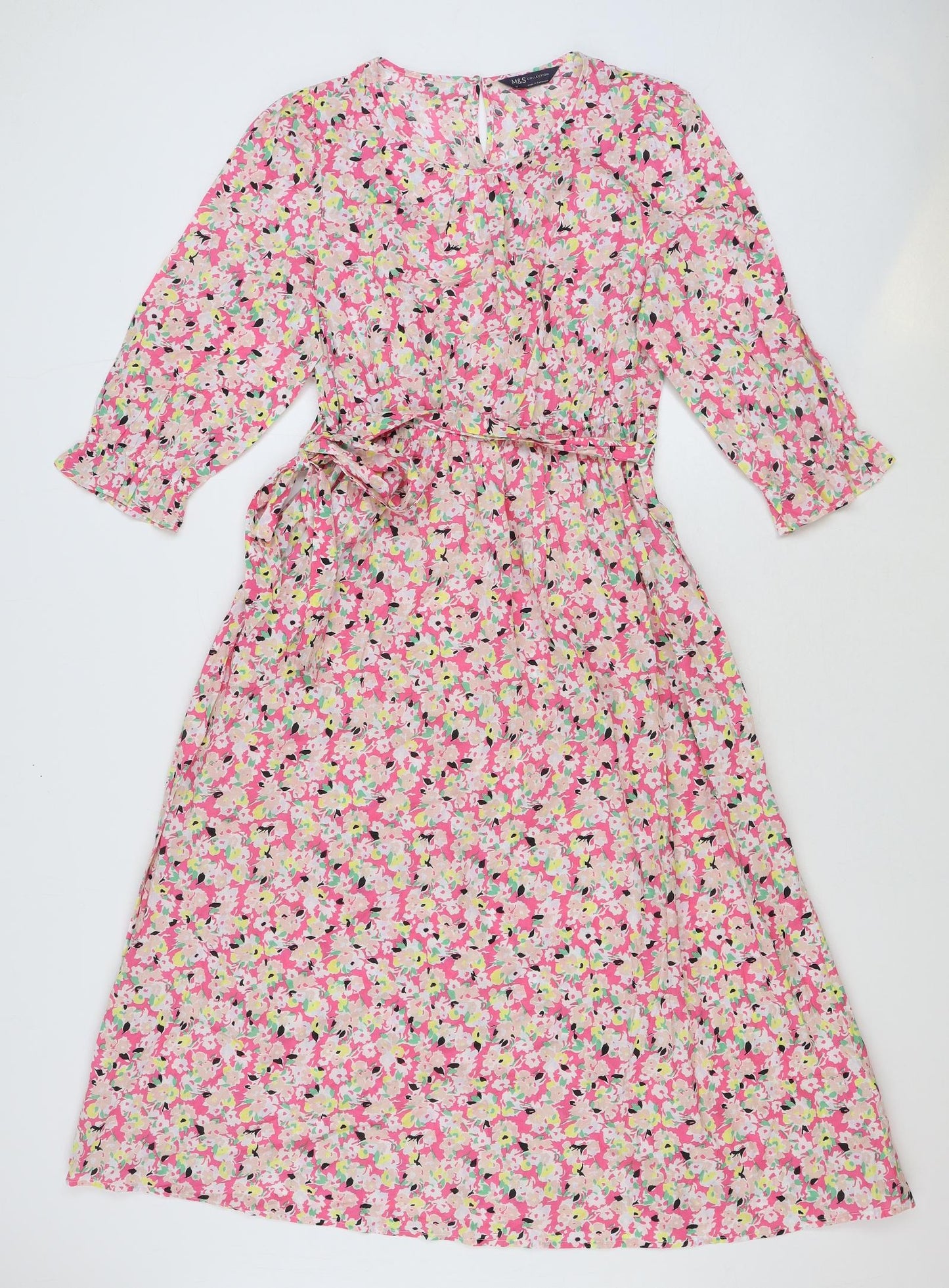 Marks and Spencer Womens Multicoloured Floral 100% Cotton A-Line Size 10 Round Neck Button