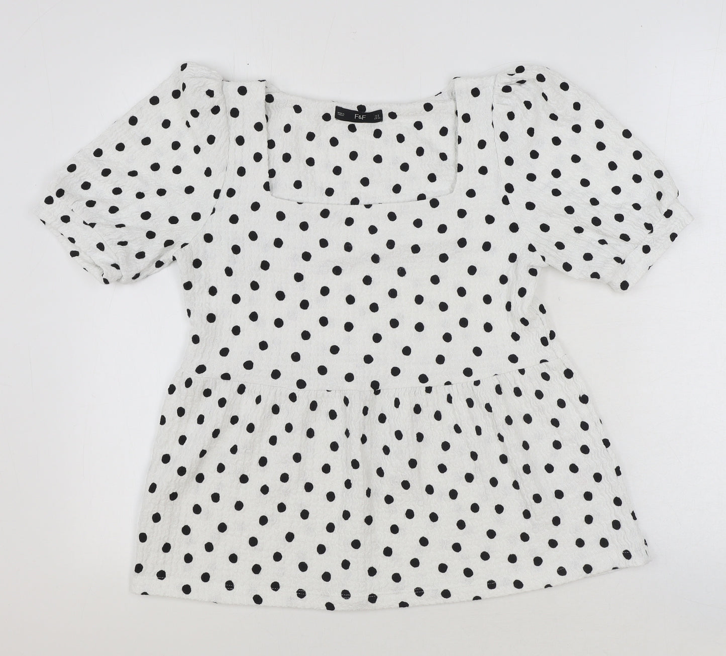 F&F Womens White Polka Dot Polyester Basic Blouse Size 8 Square Neck - Smock Peplum