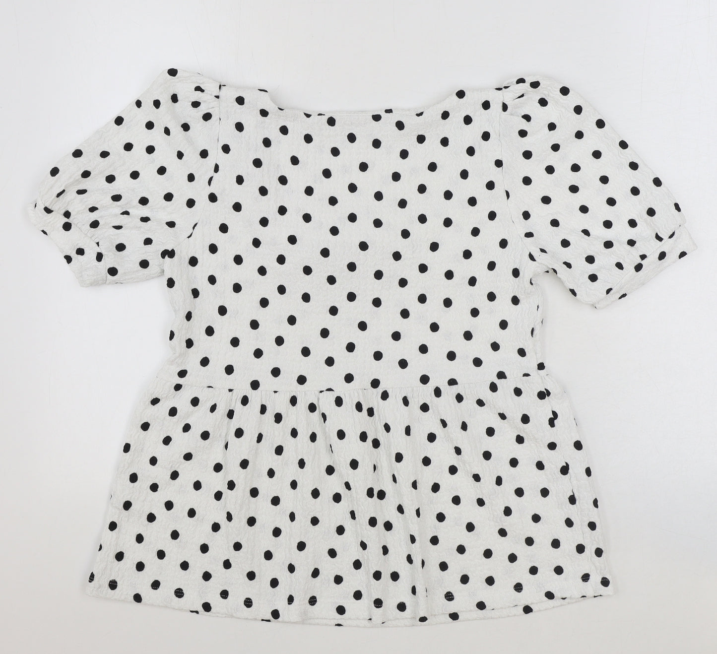 F&F Womens White Polka Dot Polyester Basic Blouse Size 8 Square Neck - Smock Peplum
