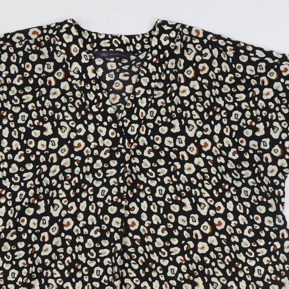 Marks and Spencer Womens Black Animal Print Polyester Basic Blouse Size 14 V-Neck - Leopard Print
