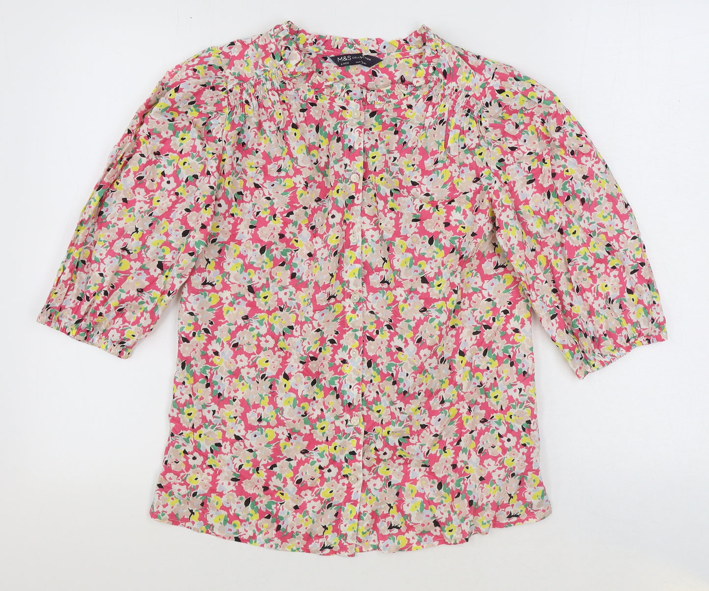 Marks and Spencer Womens Multicoloured Floral 100% Cotton Basic Blouse Size 6 Round Neck
