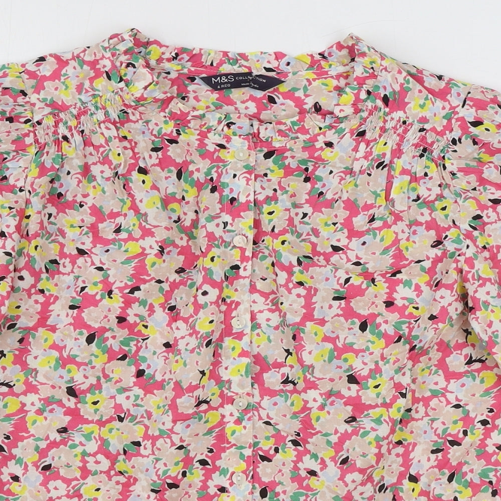 Marks and Spencer Womens Multicoloured Floral 100% Cotton Basic Blouse Size 6 Round Neck