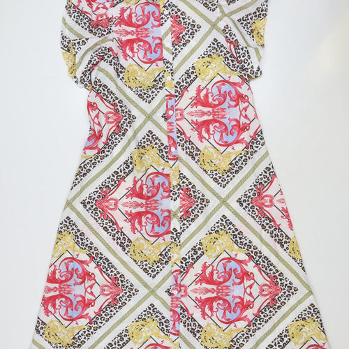 Chic Me Womens Multicoloured Geometric Polyester A-Line Size M Boat Neck Button
