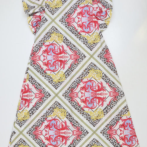 Chic Me Womens Multicoloured Geometric Polyester A-Line Size M Boat Neck Button