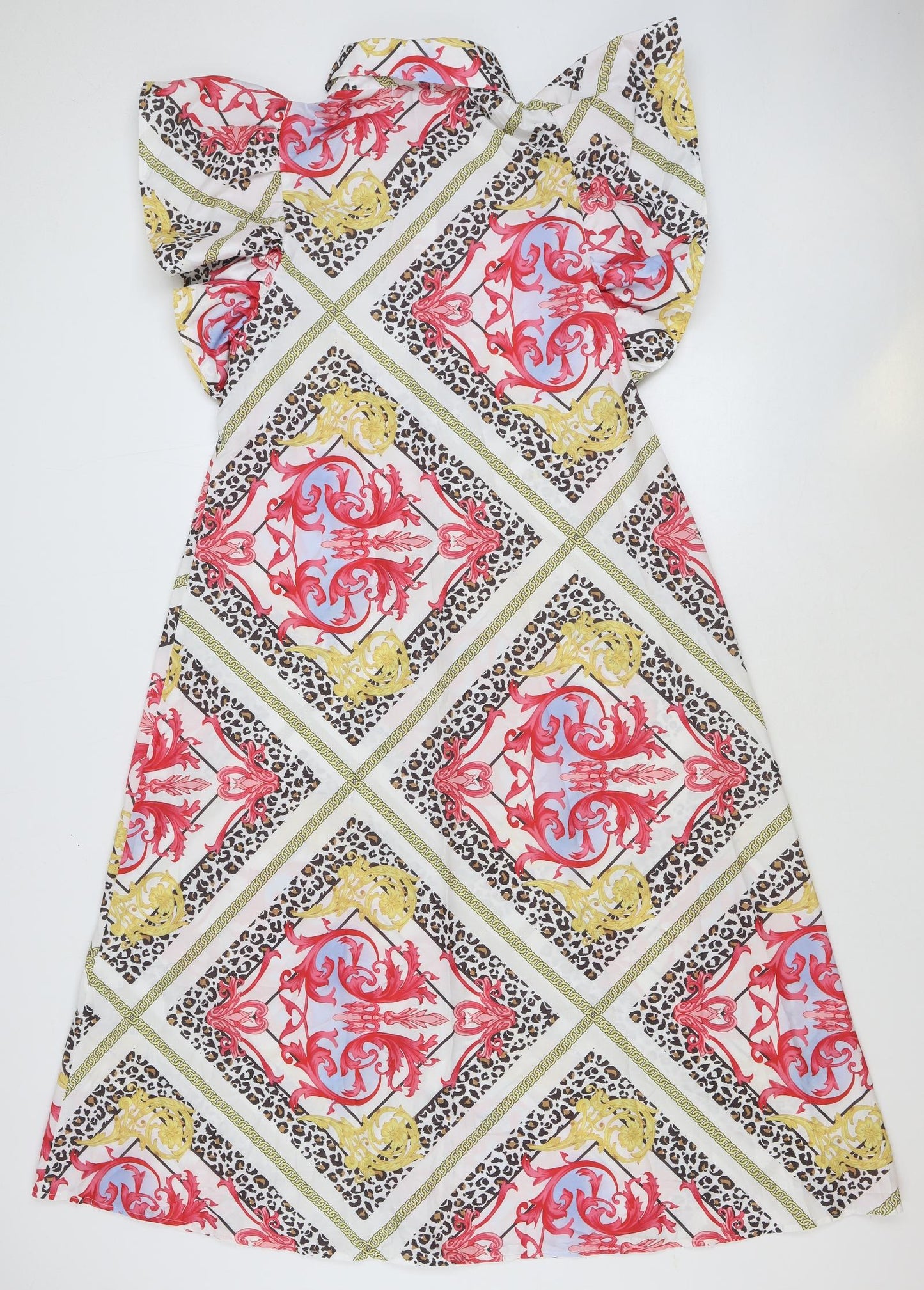 Chic Me Womens Multicoloured Geometric Polyester A-Line Size M Boat Neck Button