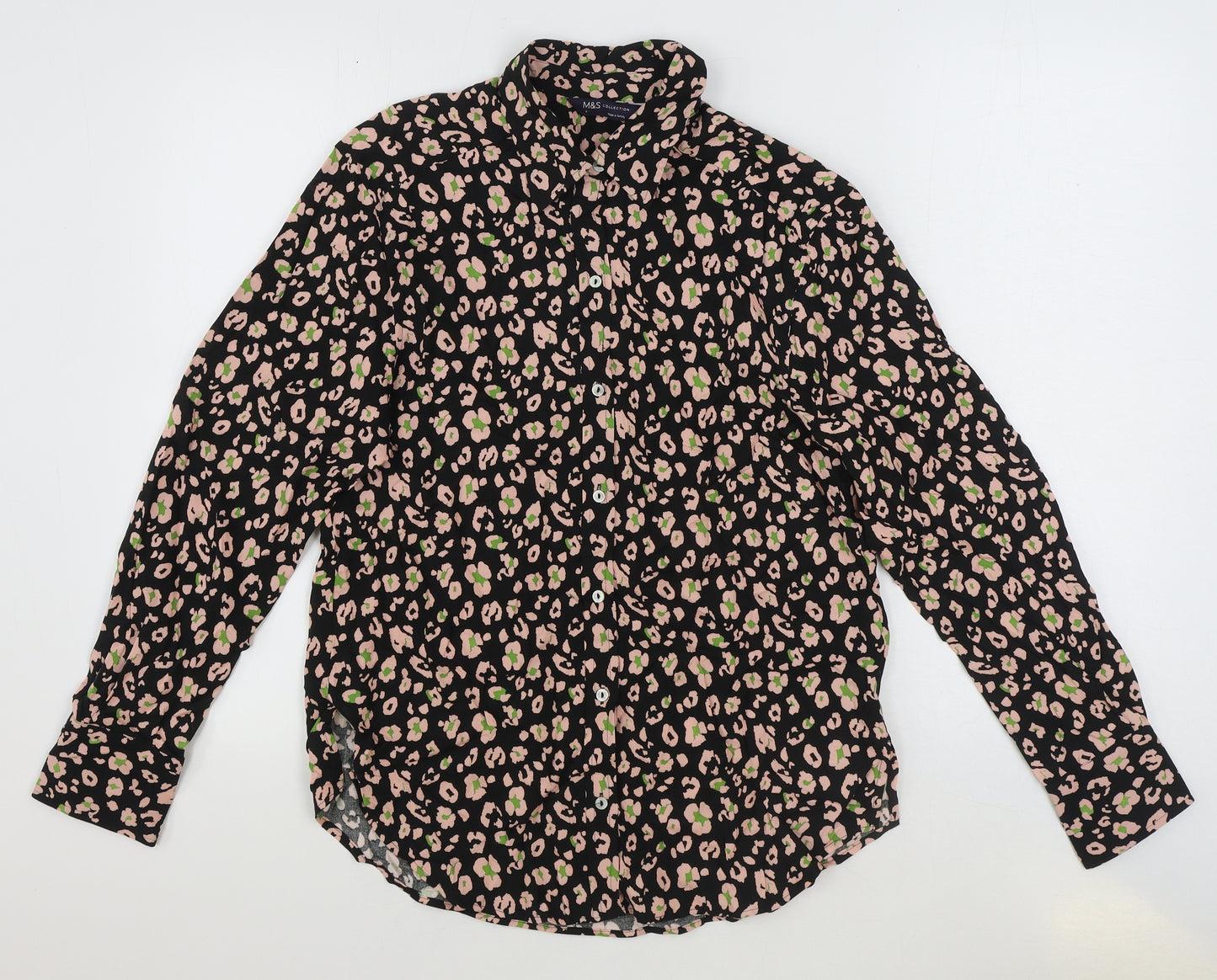 Marks and Spencer Womens Black Geometric Viscose Basic Button-Up Size 6 Collared