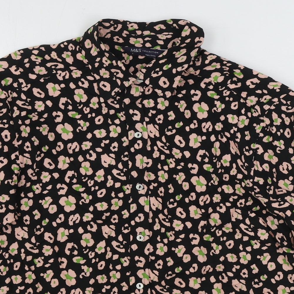 Marks and Spencer Womens Black Geometric Viscose Basic Button-Up Size 6 Collared