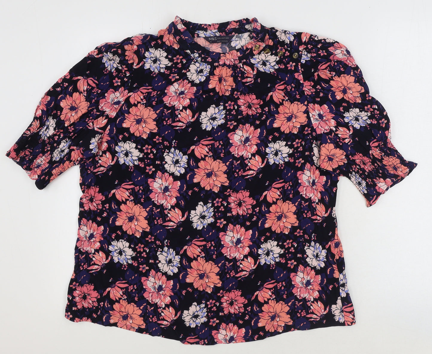 Marks and Spencer Womens Blue Floral Viscose Basic Blouse Size 14 Mock Neck