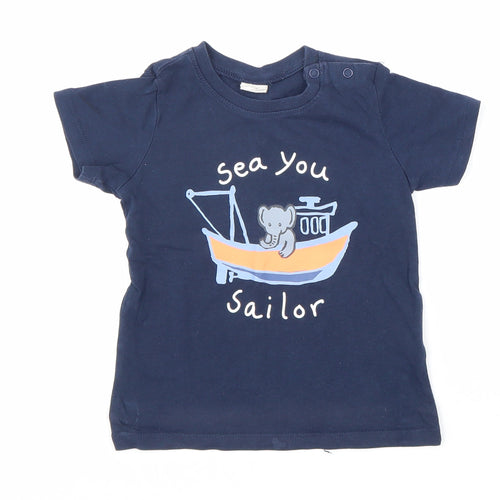 H&M Boys Black 100% Cotton Basic T-Shirt Size 12-18 Months Round Neck Button - Boat Print