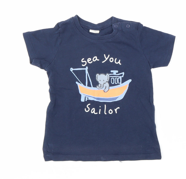 H&M Boys Black 100% Cotton Basic T-Shirt Size 12-18 Months Round Neck Button - Boat Print