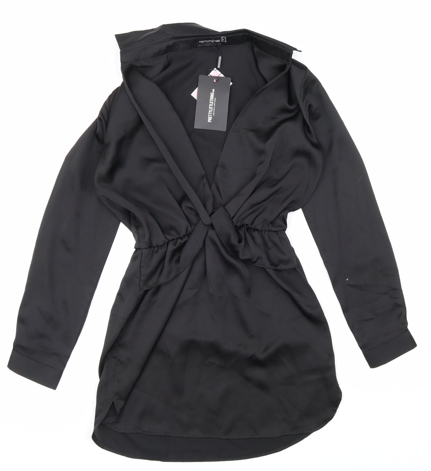 PRETTYLITTLETHING Womens Black Herringbone Polyester Mini Size 8 Collared