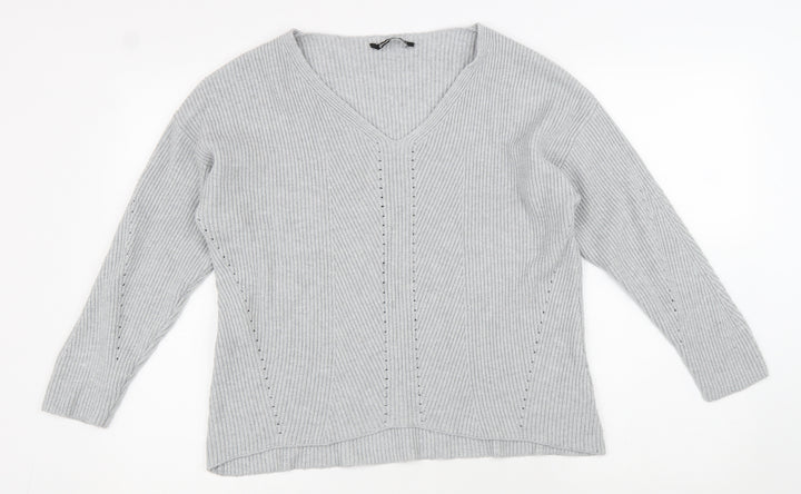 Stradivarius Womens Grey V-Neck Viscose Pullover Jumper Size S