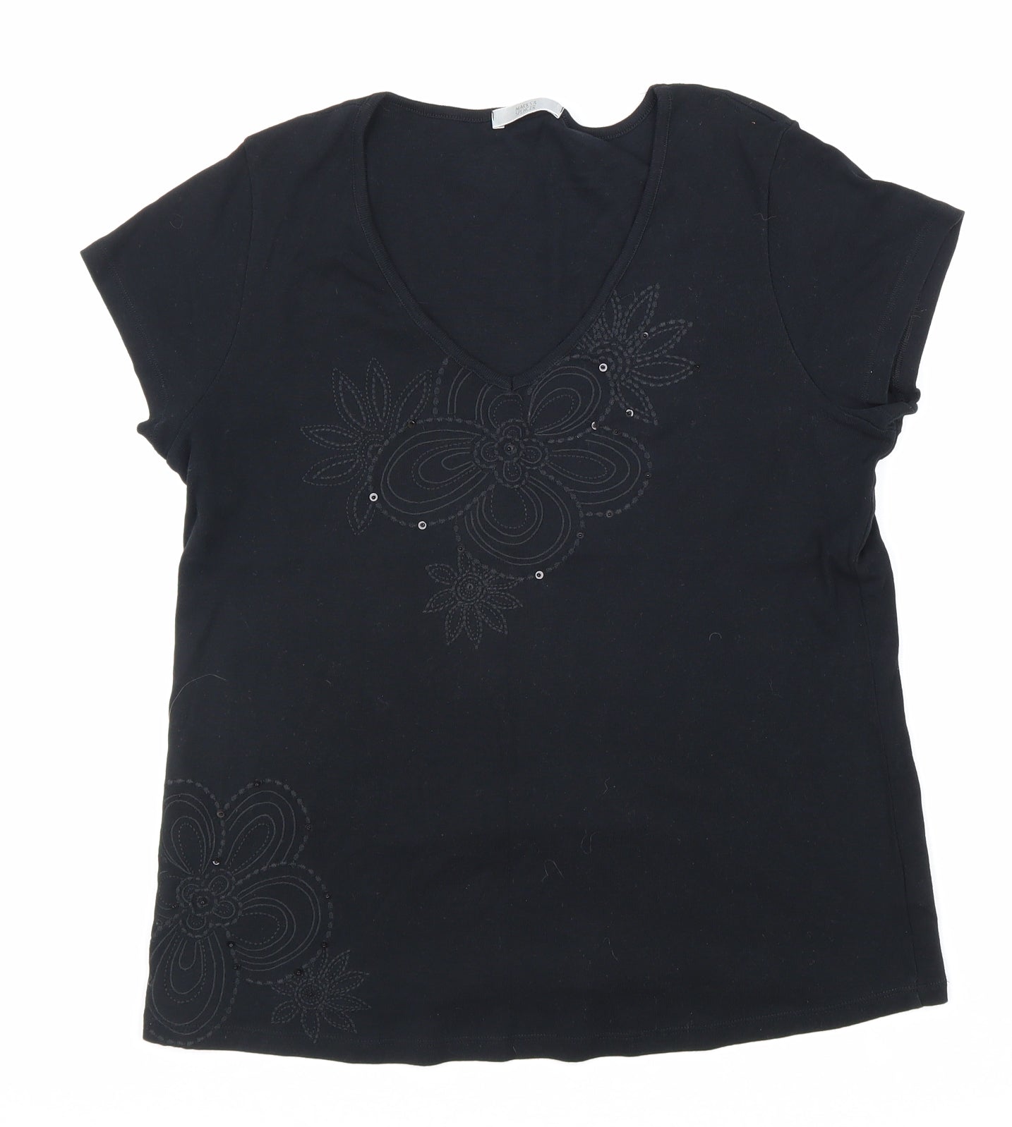 Marks and Spencer Womens Black 100% Cotton Basic T-Shirt Size 16 V-Neck