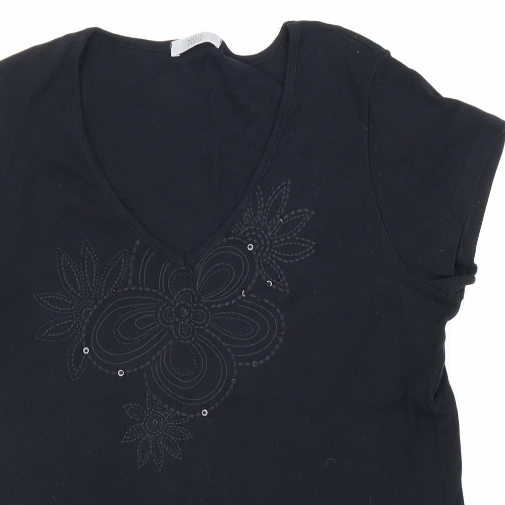 Marks and Spencer Womens Black 100% Cotton Basic T-Shirt Size 16 V-Neck