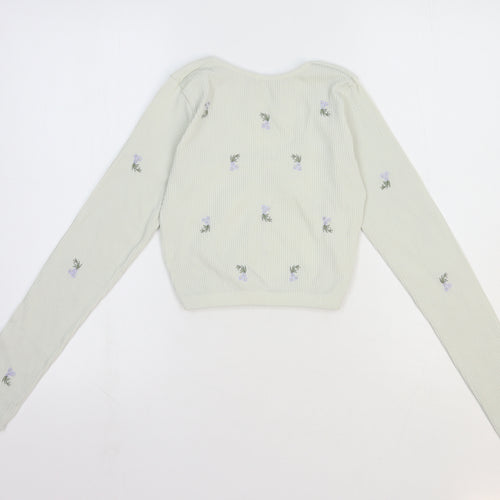 Stradivarius Womens White Floral Polyester Cropped T-Shirt Size 10 V-Neck - Ribbed
