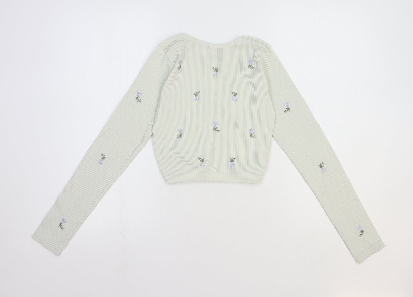 Stradivarius Womens White Floral Polyester Cropped T-Shirt Size 10 V-Neck - Ribbed