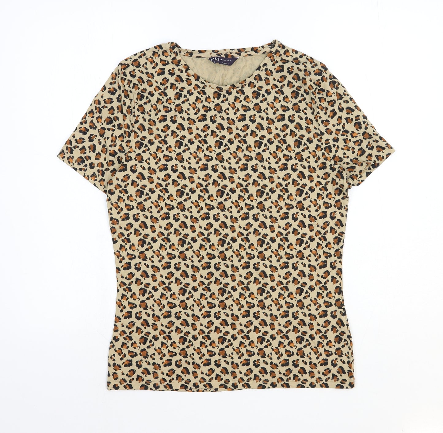 Marks and Spencer Womens Beige Animal Print Cotton Basic T-Shirt Size 12 Round Neck - Leopard Print